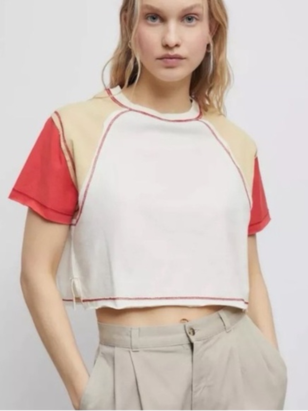 BDG Shelby Colorblock Cropped Tee Cream Red Multi Size M